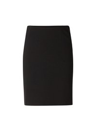 Zwarte kokerrok met een aansluitend ontwerp, een gladde textuur en een zoom tot de knie. Heeft een eenvoudige tailleband en geen zichtbare sluitingen.
