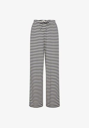 Stribede pyjamabukser med elastisk talje og snøre. Har brede horisontale striber i marineblå og cremefarvet. Blød, ribbet tekstur.
