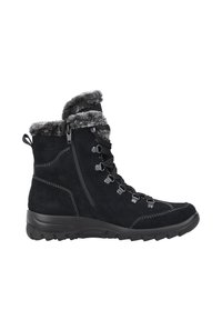 Bottine en daim noir avec col en fausse fourrure, fermeture à lacets à l'avant, zip sur le côté et semelle en caoutchouc texturée. Détails de couture réfléchissante présents.