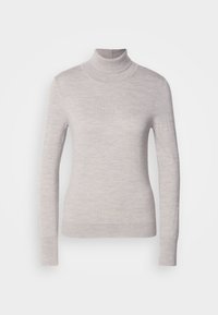 Lys grå turtleneck sweater lavet af blødt strikket stof, med lange ærmer og en tætsiddende silhuet med ribbede manchetter og kant.