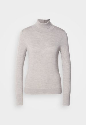 Light gray turtleneck sweater made of soft knit fabric, featuring long sleeves and a fitted silhouette with ribbed cuffs and hem.