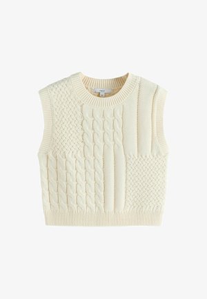 Kreminės spalvos megztinis liemenė be rankovių, susimaišyta pynimo ir tekstūruotų raštų, su ribbingu apykaklėje ir apačioje.