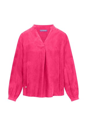 Felroze blouse met lange mouwen, een V-hals en subtiel geplooid detail, gemaakt van zacht, lichtgewicht stof.