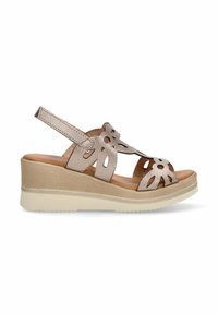 Sandalias con una parte superior de cuero metálico ligero, diseño floral calado, correa ajustable y un tacón de cuña texturizado en beige y crema.