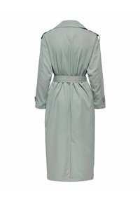 Šviesiai pilkas tranšėjinis paltas su juosmens diržu, ilgomis rankovėmis ir peties epoletais, parodytas iš nugaros baltame fone.