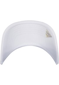White cap with a curved brim, made of textured fabric. Features a triangular metallic logo on the front left panel.