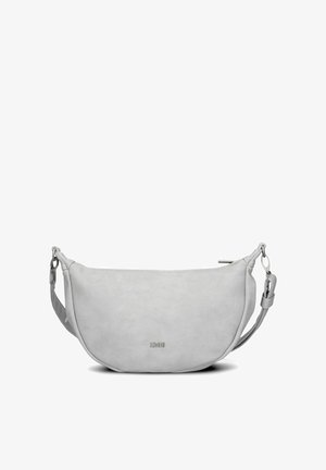 Graue Kunstleder-Crossbody-Tasche mit runder Form, verstellbarem Riemen, silberner Hardware und dezentem, eingestanztem Logo auf der Vorderseite.
