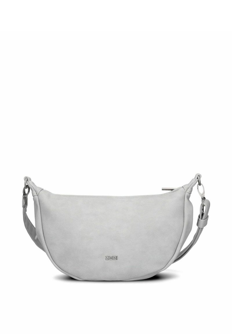 Bolso bandolera de imitación cuero gris con forma redondeada, correa ajustable, herrajes plateados y sutil logo embosado en la parte frontal.
