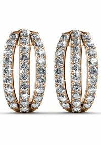 Ohrringe in Goldoptik mit einem doppelten Ovaldesign, verziert mit zahlreichen runden, klaren Kristallen entlang der Kanten und in der Mitte, die einen glitzernden Effekt erzeugen.