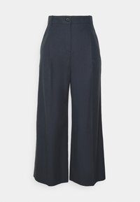 Szerokie spodnie w ciemnogranatowym kolorze. Posiadają wysoki stan, pojedyncze zapięcie na guzik oraz przeszycia z przodu dla dodatkowego efektu.