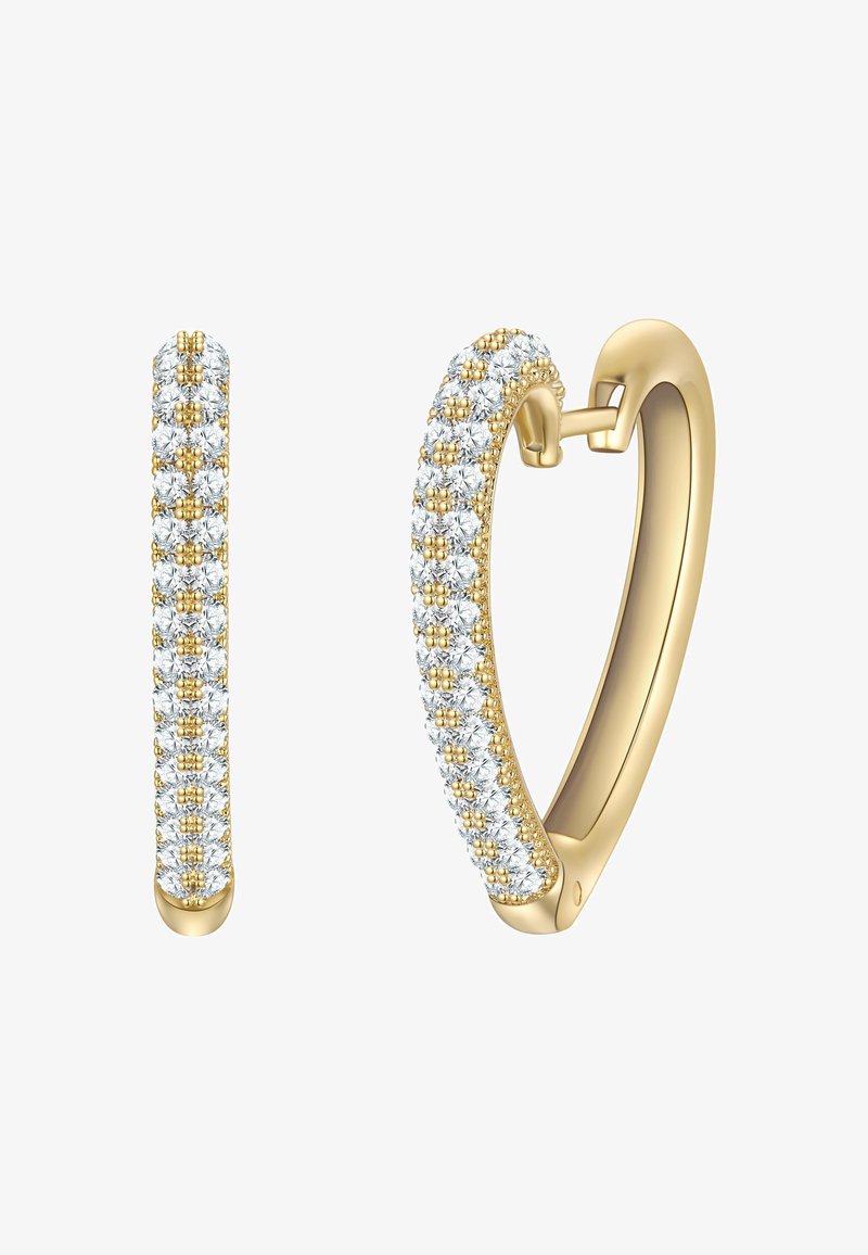 Zlate obročeve uhane z vrstico zbranih, prozorno sijočih kamenčkov ob eni strani. Gladek zaključek, podolgovata oblika in varen zaponik.