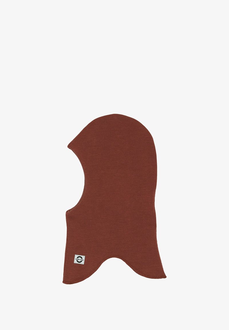 Braune gestrickte Balaklava mit runder Form und Ausschnitt für das Gesicht, versehen mit einem kleinen Logo-Tag am unteren Ende. Weicher Stoff und elastisches Material.