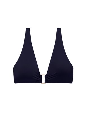 Haut de bikini bleu marine avec un profond décolleté en V, des bretelles larges et un petit fermoir métallique à l'avant reliant le tissu plissé.