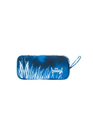 Blauer Federmäppchen mit einem weißen Gras-Muster. Rechteckige Form mit abgerundeten Ecken, ausgestattet mit einem Reißverschluss und einem Trageloop.
