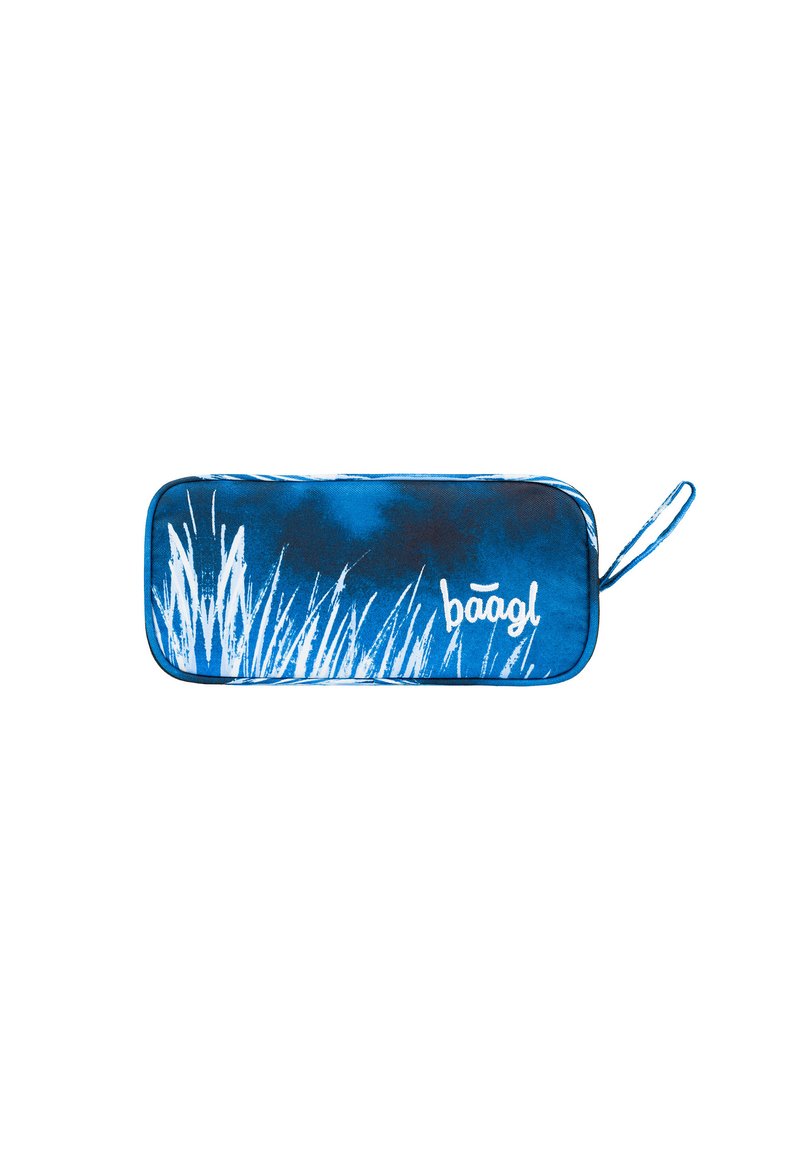 Astuccio blu con un motivo a erba in bianco. Forma rettangolare con angoli arrotondati, con chiusura a zip e un laccio per il trasporto.