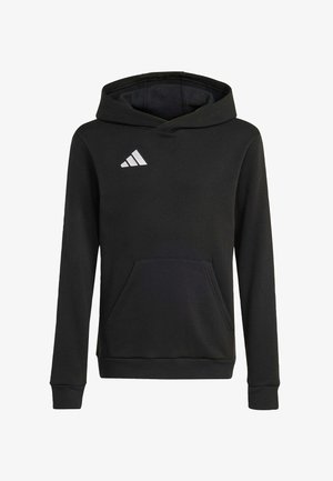 Felpa nera con cappuccio, maniche lunghe, tasca a marsupio e logo Adidas bianco sul petto a sinistra.