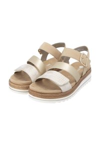 Beige sandals with textured woven front strap, smooth leather side straps, and adjustable buckle. Thick white sole with brown accents.