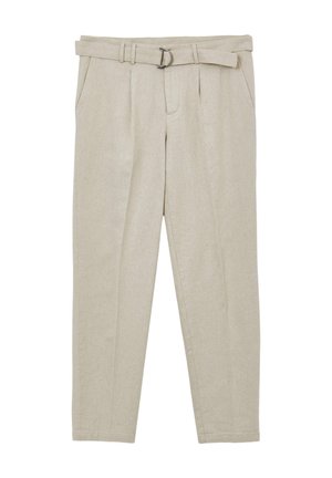 Beige Hosen mit hoher Taille, mit Falten, seitlichen Taschen, schmalem Bein und passendem Stoffgürtel mit silberner D-Ring-Schnalle.