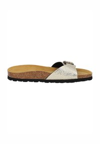 Infradito in finta pelle argentata con una fascia testurizzata, suola nera e footbed in sughero. Presenta un elegante dettaglio con fibbia decorativa.