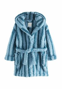 Flauschiger blauer Bademantel mit Kapuze, ausgestattet mit abwechselnd hellblauen und dunkelblauen Streifen, einem Taillenzug und vorderen Taschen. Weicher Stoff.