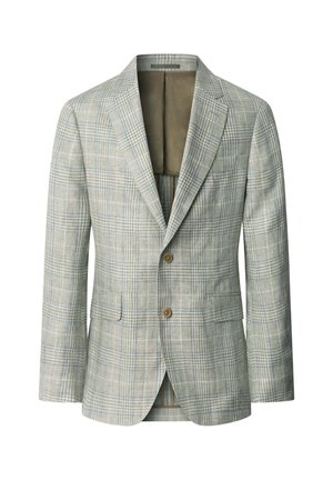 Muško jednoredno sako s urezanim reverima, dva gumba, džepovima s poklopcima i uzorkom lagano sivoplave karirane tkanine.