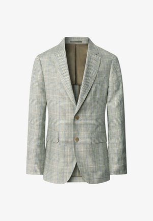 Muško jednoredno sako s urezanim reverima, dva gumba, džepovima s poklopcima i uzorkom lagano sivoplave karirane tkanine.