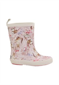 Botte de pluie en caoutchouc rose avec des motifs floraux et animaliers, présentant un haut bord blanc et une semelle blanche texturée avec des accents rouges.