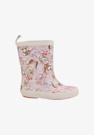 Pinke Gummistiefel mit floralen und tierischen Mustern, versehen mit einem weißen oberen Rand und einer strukturierten weißen Sohle mit roten Akzenten.
