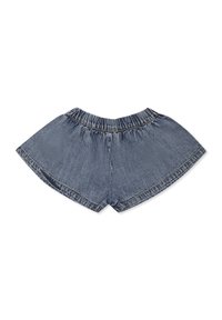 Shorts in denim con un design svasato, cintura elasticizzata e orli grezzi, di un blu medio con leggere sfumature.