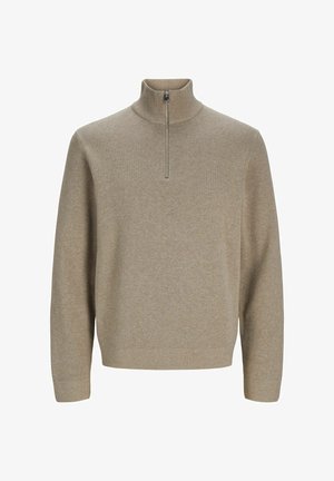 Pulover bej cu fermoar la jumătate, realizat dintr-un material tricotat texturat. Are guler înalt și o croială lejeră cu mâneci lungi.