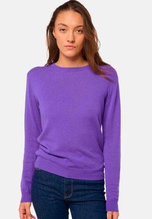 Jeune femme avec de longs cheveux bruns portant un pull violet à manches longues et un jean bleu foncé, se tenant devant un fond clair et uni.