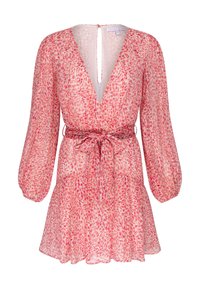 Blommönstrad klänning i rosa och koralltoner, med djup V-ringning, långa ärmar, åtsittande midja och en fladdrande, ställningskjol.