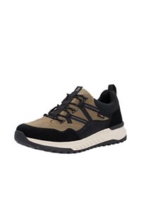 Scarpe da trekking con punta in suede nero, parte superiore in tessuto beige e oliva, accessori neri, suola testurizzata e sistema di allacciatura per una vestibilità sicura.