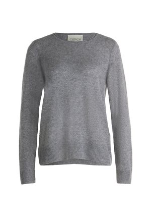Blød grå langærmet sweater med rund hals, ribbede manchetter og kant, lavet af et hyggeligt strikket stof.