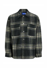 Cămașă overshirt din flanel în carouri negre și gri, cu două buzunare pe piept, nasturi tip snap și guler clasic. Textură moale cu un aspect călduros.
