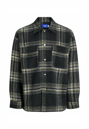 Overshirt in flanella a quadri neri e grigi, con due tasche sul petto, bottoni a pressione e colletto classico. Texture morbida con un aspetto caldo.
