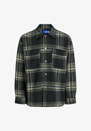 Overshirt in flanella a quadri neri e grigi, con due tasche sul petto, bottoni a pressione e colletto classico. Texture morbida con un aspetto caldo.