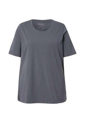 Šedé tričko s krátkým rukávem vyrobené z měkkého materiálu, s kulatým výstřihem a rovním lemem. Na vnitřní straně límce je viditelný štítek.
