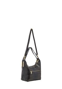Borsa nera texture con un esterno lucido simile a quello di un rettile. Presenta hardware dorato e multiple tasche con cerniera. Tracolla regolabile.