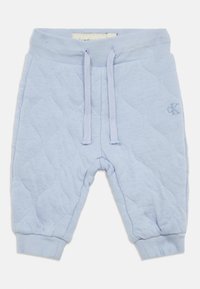 Ανοιχτό μπλε ελαφρώς επενδυμένα παντελόνια μωρού με ριμπ ελαστική μέση και μανσέτες, ρυθμιζόμενο κορδόνι και μικρό κεντημένο λογότυπο "cK" στη δεξιά πλευρά.