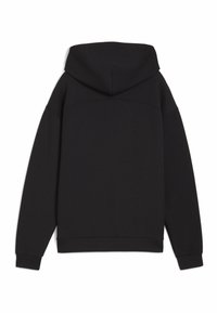 Sort hættetrøje med en blød tekstur, der har en rummelig hætte og lange ærmer. Designet inkluderer ribstrikkede manchetter og en lige kant.