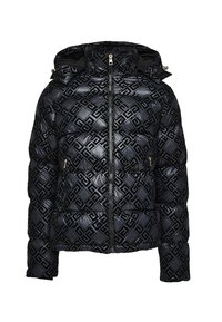 Black puffer jacket featuring a shiny quilted finish, geometric pattern, zip closure, and a hood with adjustable accents.