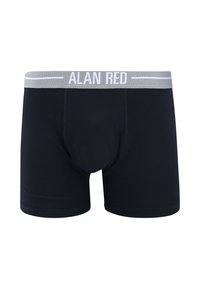 Black boxer briefs with a grey waistband featuring "ALAN RED" in white lettering. Smooth fabric, fitted design, and no visible patterns.