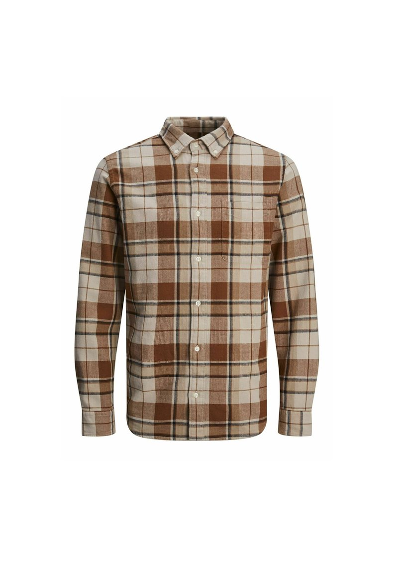 Rjava in krem karirana flanelna srajca z gumbom, dolgimi rokavi in eno žepom na prsih. Ima klasičen ovratnik in mehak tekstur.