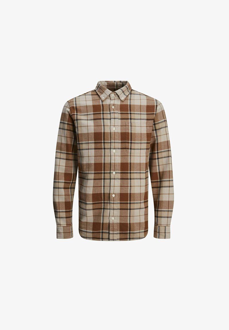 Rjava in krem karirana flanelna srajca z gumbom, dolgimi rokavi in eno žepom na prsih. Ima klasičen ovratnik in mehak tekstur.