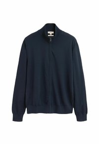 Marineblå zip-up sweatshirt med høj krave, ribstrikkede manchetter og kant. Fremstillet af blødt, tekstureret stof med et rent frontdesign.