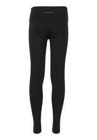 Zwarte legging van rekbare stof, met een hoge tailleband en een gouden "ENDURANCE" logo. Soepele textuur en aansluitende pasvorm.