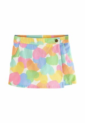 Colorful heart-patterned skirt made of cotton, featuring a multicolored design in pastel shades of pink, blue, green, and orange.