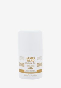 Contenitore cilindrico bianco con testo dorato. Nome del prodotto: "James Read Gradual Tan Sleep Mask Face Retinol." Volume: 50 ml. Finitura liscia e opaca.