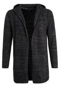 Cardigan con cappuccio di colore grigio scuro, realizzato in un tessuto a maglia testurizzato. Design con apertura frontale, maniche lunghe e senza chiusure.